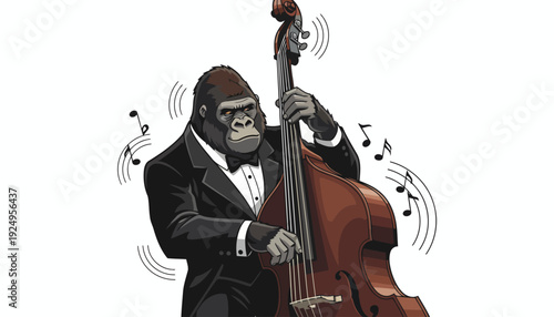 Gorilla Playing Upright Bass in Tuxedo with Musical Notes.