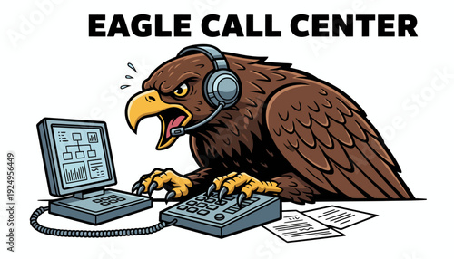 Eagle Call Center Agent Working on Computer with Headset.