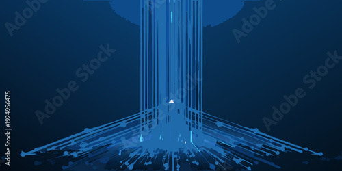 A lone figure stands beneath a bright glowing circular opening