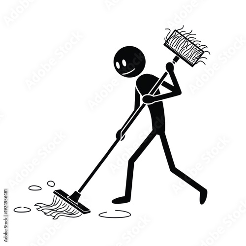 Black stick figure character cleaning with mop and broom