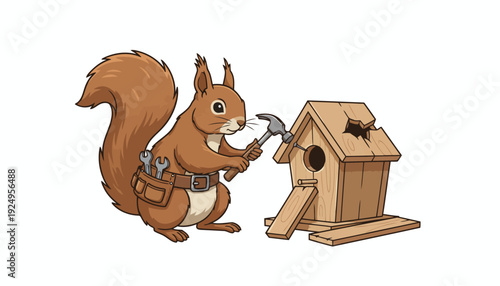 Cartoon Squirrel Building Birdhouse with Hammer and Tool Belt.