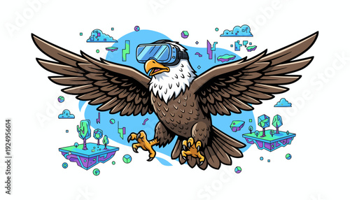Majestic Eagle Wearing Virtual Reality Headset Flying Through Digital Landscape.