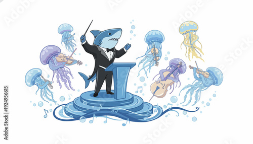 Cartoon Shark Conductor Leading Jellyfish Orchestra in Underwater Performance.