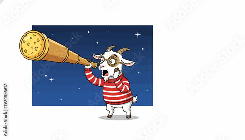 Cartoon Goat Looking Through Telescope at Night Sky.