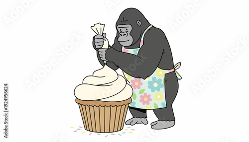 Gorilla Decorating Giant Cupcake with Icing Bag and Apron.