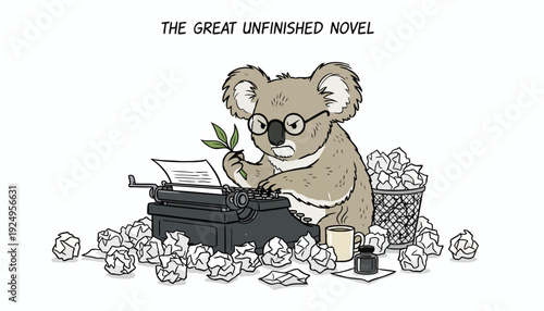 Koala Writer Typing Novel on Typewriter with Crumpled Paper.