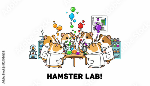 Cute Hamsters in Lab Coats Conducting Scientific Experiments with Colorful Beakers.