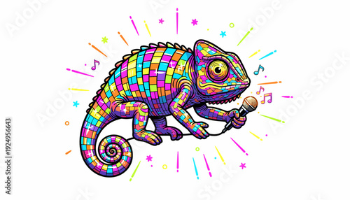 Colorful chameleon singing with microphone vibrant artistic illustration.