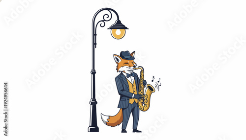 Elegant Fox Musician Playing Saxophone Under a Streetlight.