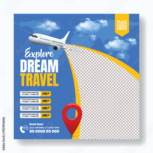 Luxury travel agency travel promo advertising design featuring hotel resort online booking flight ticket tour package summer holiday vacation tourism promotion square flyer poster template