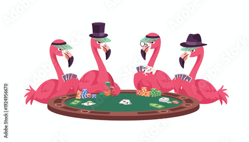 Flamingos Playing Poker Game with Chips and Cards.