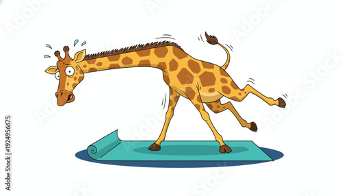 Cartoon giraffe on a yoga mat performing an exercise routine.