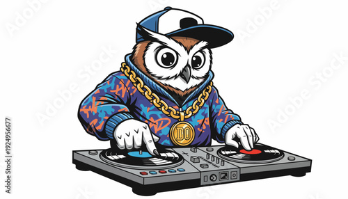 Cool Owl DJ Mixing Music on Turntables with Hat and Gold Chain.