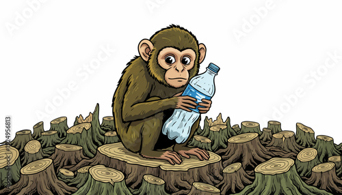 Sad monkey holding plastic bottle on tree stump in deforested area.