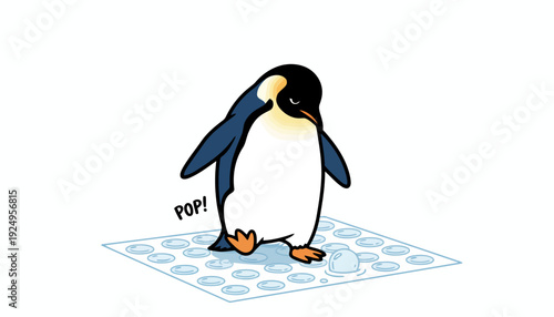 Adorable Emperor Penguin Popping Bubble Wrap with Delight.