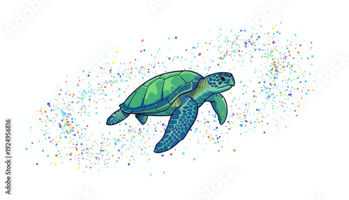 Vibrant Green Sea Turtle Swimming Gracefully Through Clear Ocean Waters.