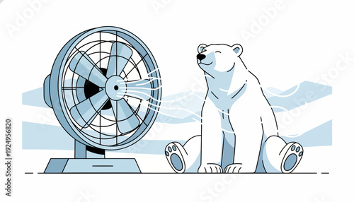 Happy polar bear enjoying cool breeze from electric fan on hot day.