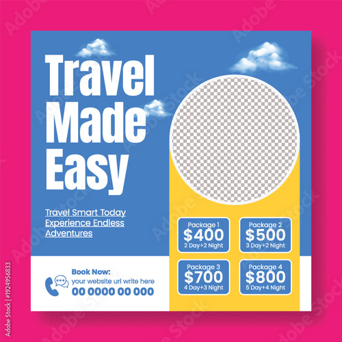 Elegant travel agency travel advertising design with hotel resort online booking flight ticket tour package summer holiday vacation tourism promotion square flyer poster template for social media