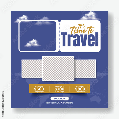Vibrant travel agency social media post template for travel hotel resort online booking flight ticket tour package summer holiday vacation promo advertising tourism promotion square flyer poster