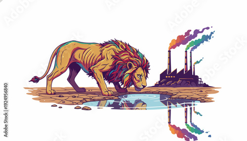 Lion Drinking Polluted Water Reflecting Industrial Factory Emissions.