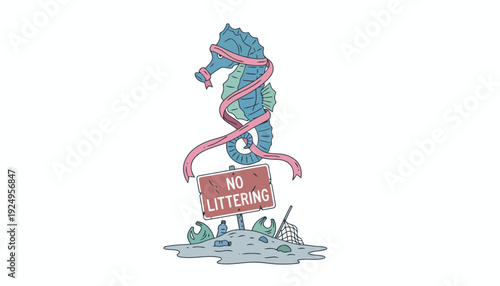 Seahorse tangled in plastic ribbon with a no littering sign underwater.