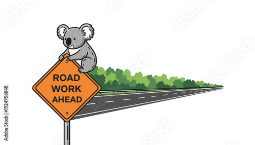 Cute Koala on Road Work Ahead Sign.