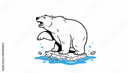 Polar bear standing on a melting ice floe, roaring loudly, cartoon style illustration.