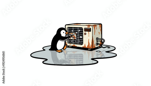 Penguin Cleaning Rusty Air Conditioner Unit on Puddle.