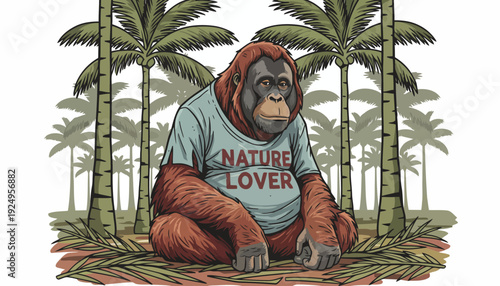 Orangutan wearing a Nature Lover t-shirt sitting on the ground.