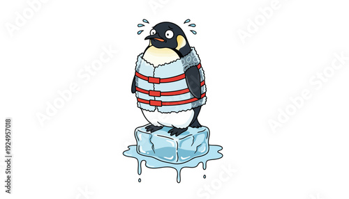 Worried Penguin Wearing Life Vest Standing on Melting Ice Block.
