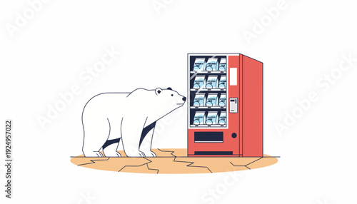 Polar bear looking at a red vending machine with drinks inside.