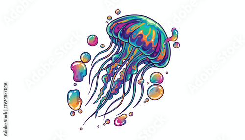Vibrant Jellyfish with Bubbles.
