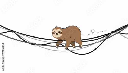 Cute Sloth Walking on Vines in a Minimalist Illustration.
