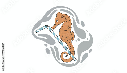 Seahorse with Plastic Straw Environmental Pollution Concept.