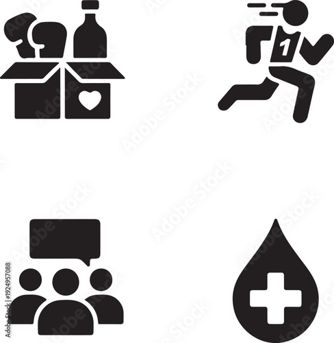 Social cause glyph icon set. Charity and donation symbols collection. Food bank, marathon run, community meeting, and blood drive solid icons for volunteering and aid concepts