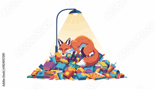 Urban Fox Foraging in a Pile of Trash Under Streetlight at Night.
