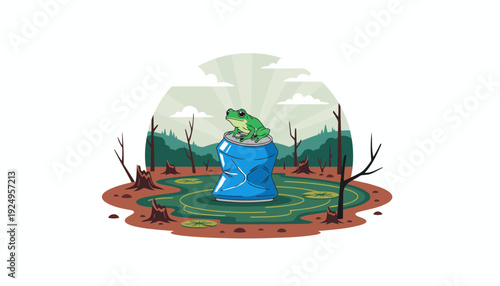 Green frog sitting on a blue boot in a swampy environment.