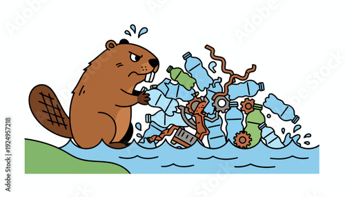 Beaver Confronting Plastic Pollution in Water Environment.