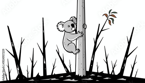 Adorable Koala Climbing Eucalyptus Tree Trunk in Natural Habitat.