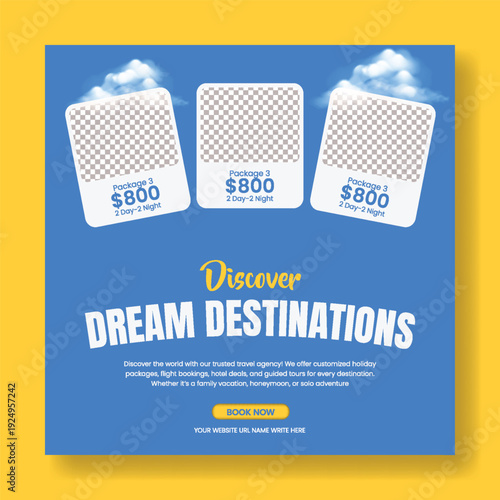 travel agency social media post advertising design showcasing travel hotel resort online booking flight ticket tour package summer holiday vacation promo tourism promotion square flyer poster