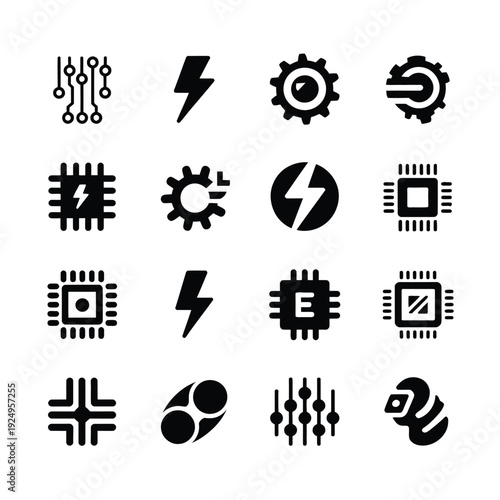 Collection of icons representing various electronic and technology components isolated on white background, Vector, illustration