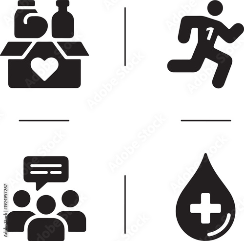 Social cause glyph icon set. Charity and donation symbols collection. Food bank, marathon run, community meeting, and blood drive solid icons for volunteering and aid concepts