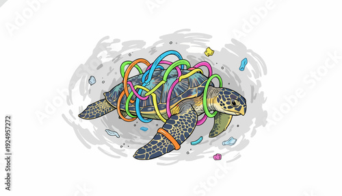 Sea turtle entangled in colorful plastic pollution in ocean environment.