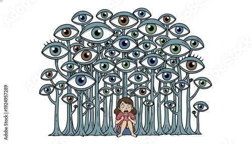 A small person surrounded by a multitude of watchful eyes creating an unsettling atmosphere.