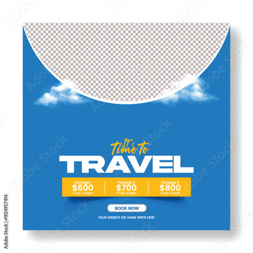 travel agency social media post advertising design for travel hotel resort online booking flight ticket tour package summer holiday vacation tourism promotion square flyer poster template