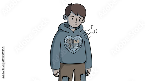 Sad young boy with a broken heart on his hoodie, symbolizing emotional pain.