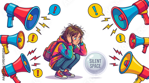 Stressed Person Overwhelmed by Loud Megaphones Seeking Silent Space.