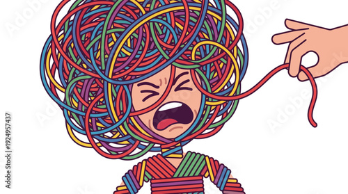 Frustrated Person Tangled in Colorful Threads Representing Overwhelming Thoughts and Stress.