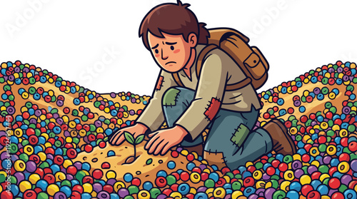 Young boy carefully tending to a small green sprout.