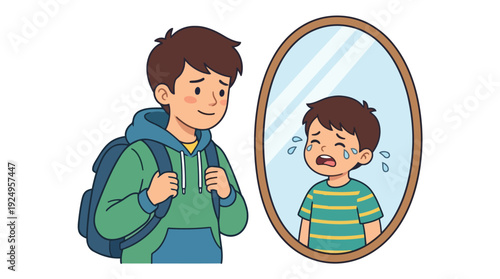 Boy Hiding Sadness Behind a Brave Face Reflected in Mirror.